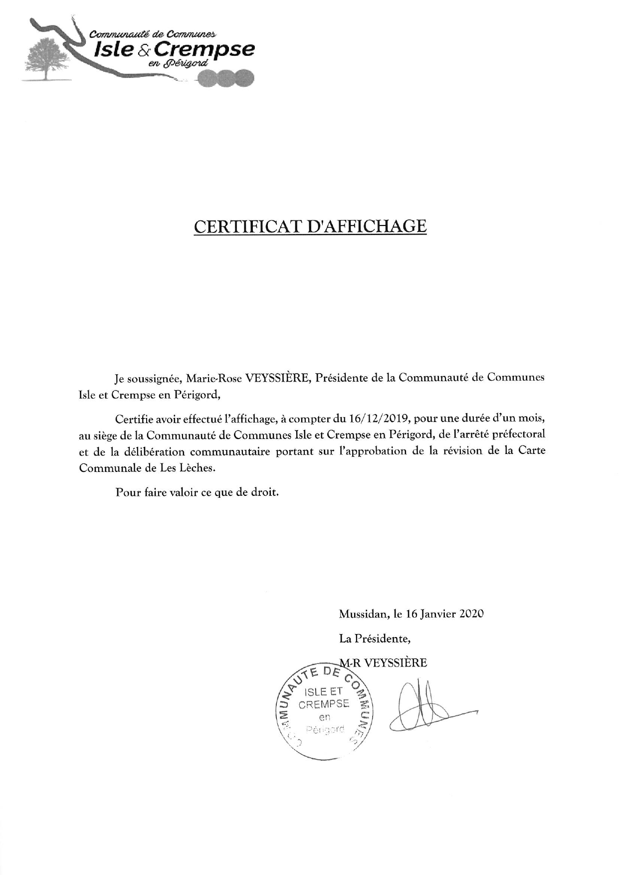 CERTIF AFFICHAGE DELIB ET ARRETE PREF APPROBATION REVISION CARTE CO LES LECHES