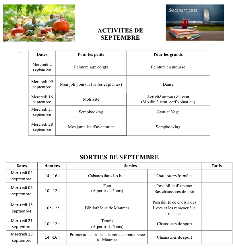 Activités de septembre 2020