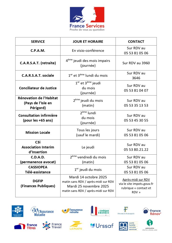 Tableau permanences France Services Mussidan 2025