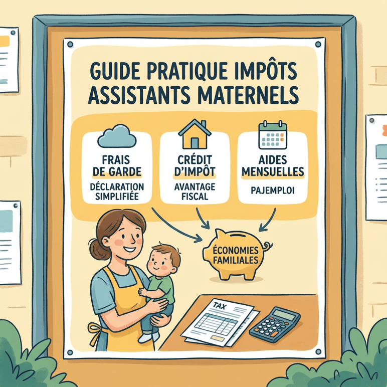 GUIDE PRATIQUE IMPÔTS ASSISTANTS MATERNELS with info on childcare costs, tax credits, and monthly aid.